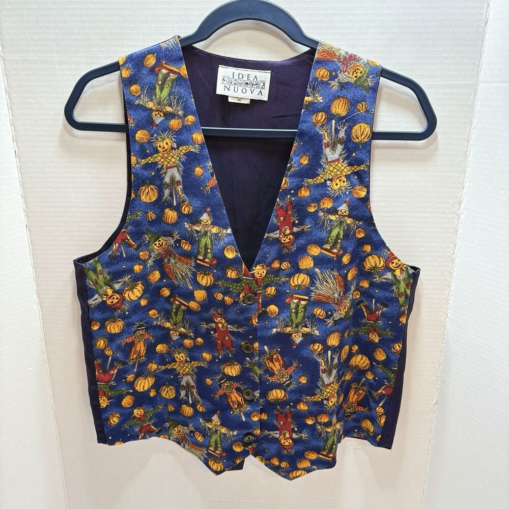 Vtg Idea Nuova Halloween Vest Womens Med Large M L Scarecrow Pumpkin Fall USA
